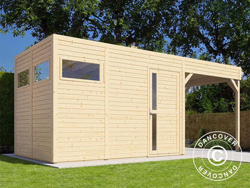 Wooden shed w/overhang, Bertilo Cubus 3L, 5,58x2,34x2,32m, 7,65m&sup2;+5,15m&sup2;, Natural