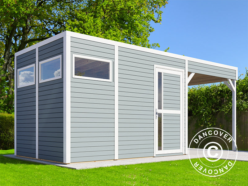 Wooden shed w/overhang, Bertilo Cubus 3L, 5,58x2,34x2,32m, 7,65m&sup2;+5,15m&sup2;, Grey
