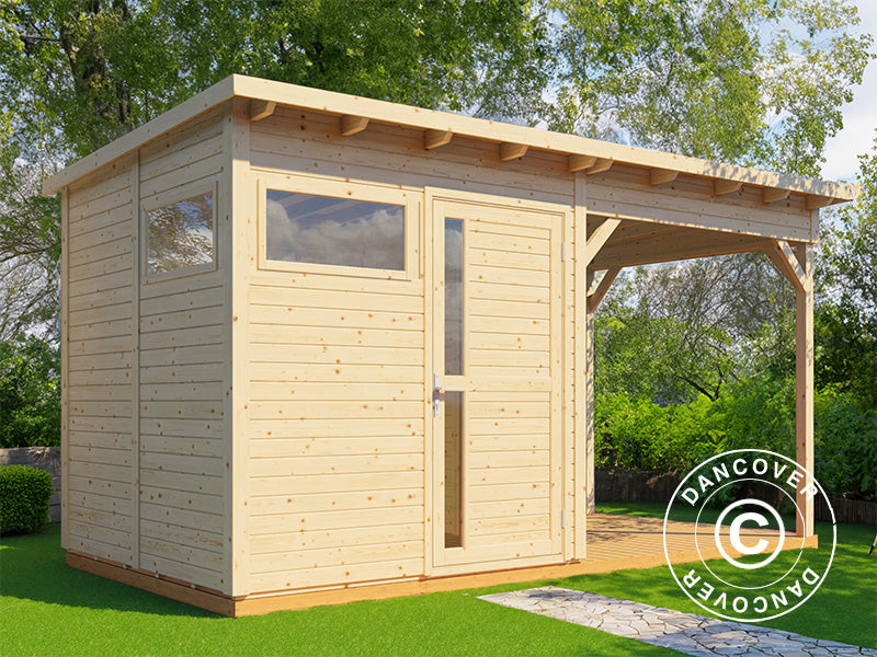 Wooden shed w/overhang, Bertilo Pentus 2L, 4,49x2,34x2,33m, 5,1m&sup2;+5,1m&sup2;, Natural