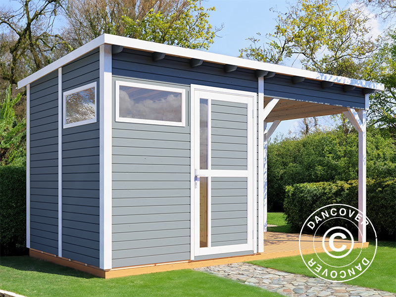 Wooden shed w/overhang, Bertilo Pentus 2L, 4,49x2,34x2,33m, 5,1m&sup2;+5,1m&sup2;, Grey