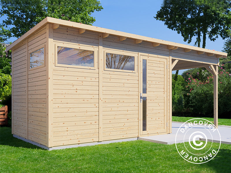 Wooden shed w/overhang, Bertilo Pentus 3L, 5,58x2,34x2,33m, 7,65m&sup2;+5,15m&sup2;, Natural
