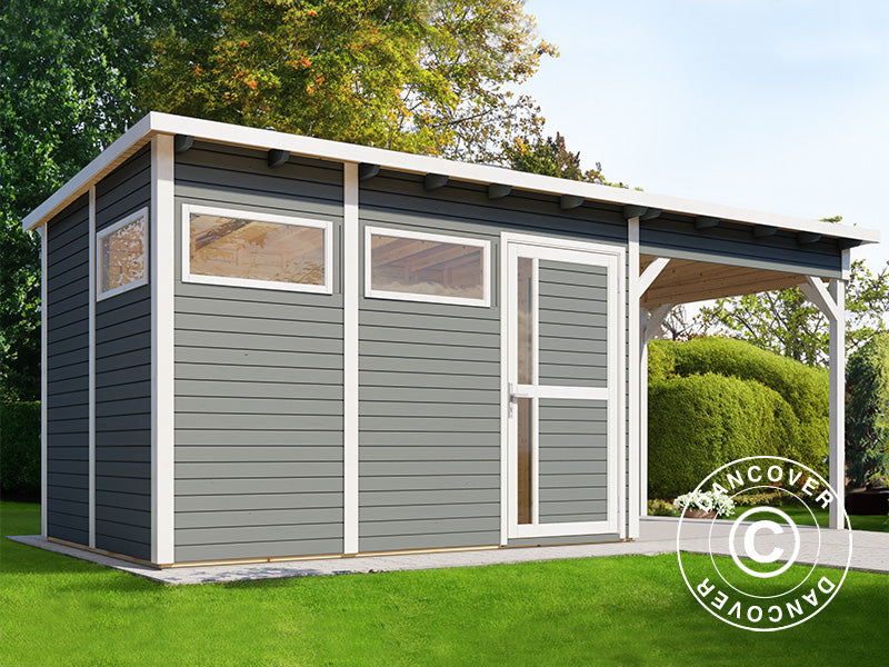 Wooden shed w/overhang, Bertilo Pentus 3L, 5,58x2,34x2,33m, 7,65m&sup2;+5,15m&sup2;, Grey