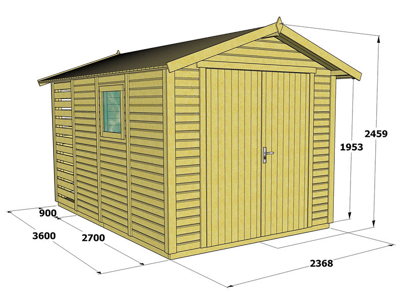 Redskapsbod i tre Lojo i tre,2,4x3,64x2,64m, 8,7m², Naturlig